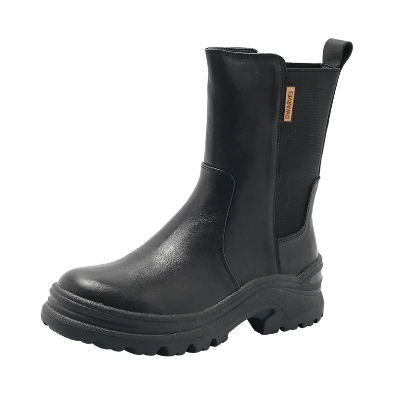 Womens Retro Leather Mid Calf Boots Snow Boots Have Fleece Lined for Cold Winter in Black/Brown/Yellow