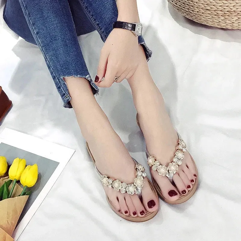 Women's Small Flowers Flip Flops Flat-Bottomed Sandles