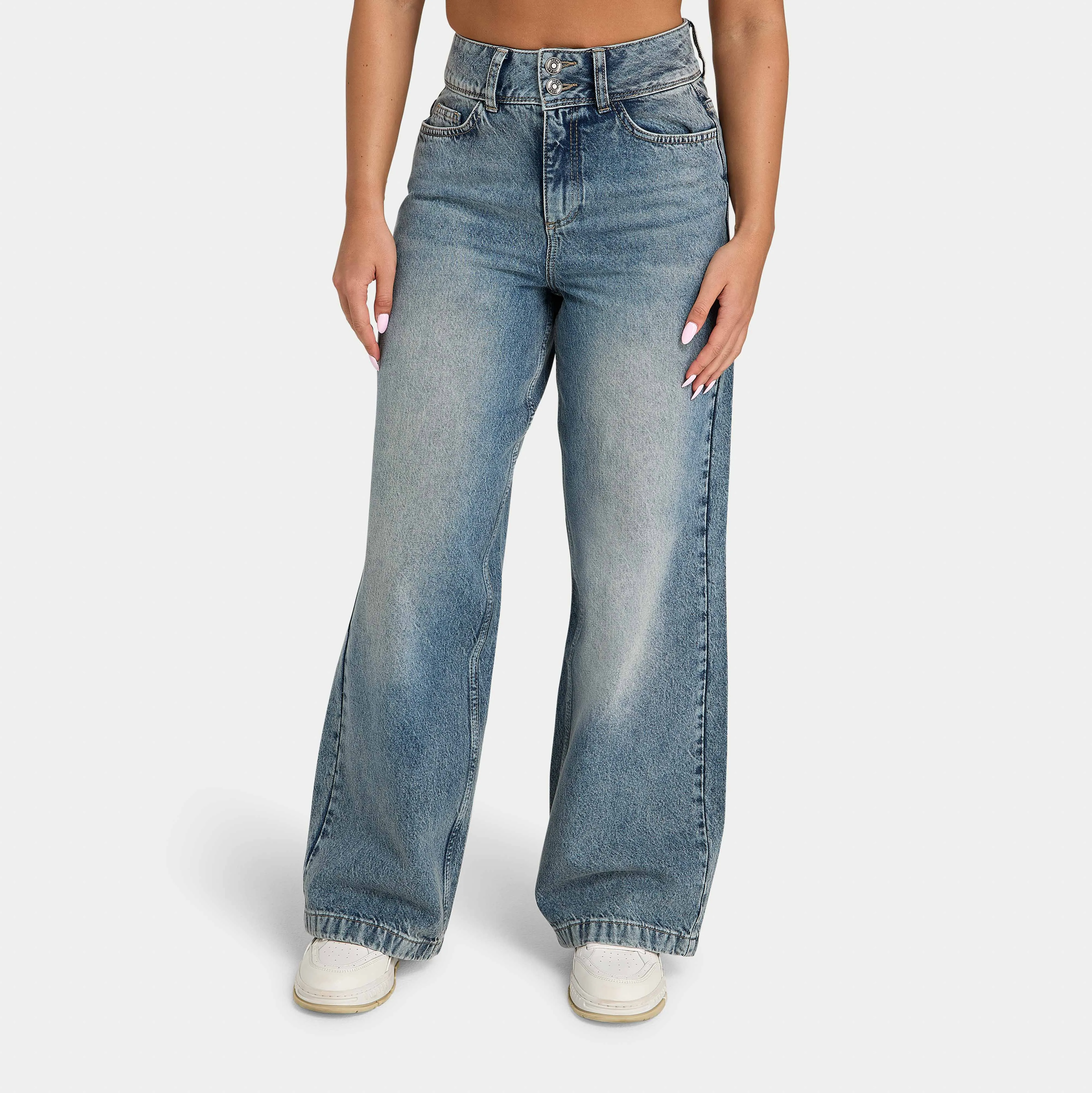 Womens Wide Leg Denim Jean - Mid Wash